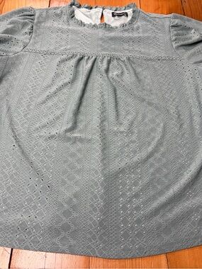 A New Day Eyelet Ruffle Neck Blouse in Sage Green